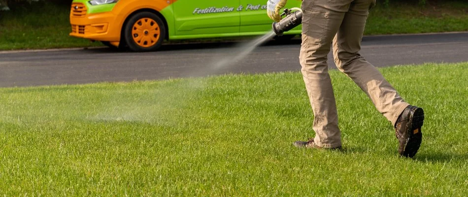 Lawn in Hastings, MI, being treated by a tech with a fogger.