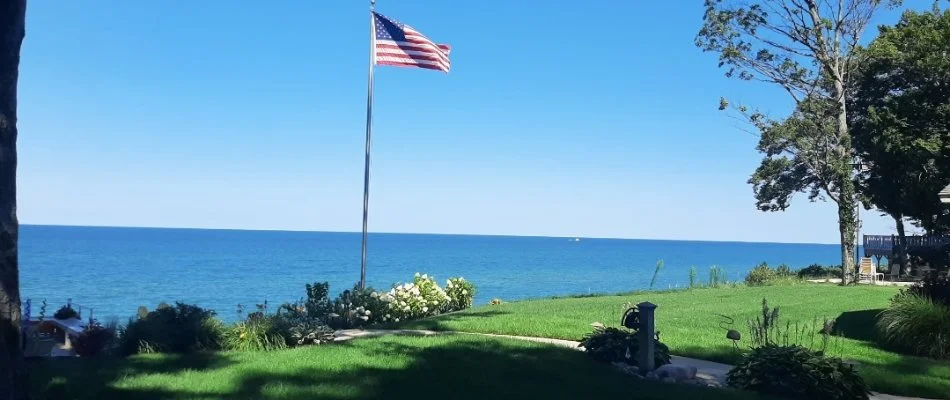 Lawn with American flag in Grand Rapids, MI. 