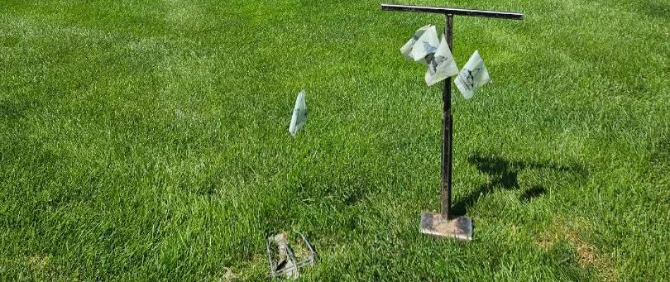 Mole trap on lawn in  Nunica, MI, with a lawn, tree, and plant bed.