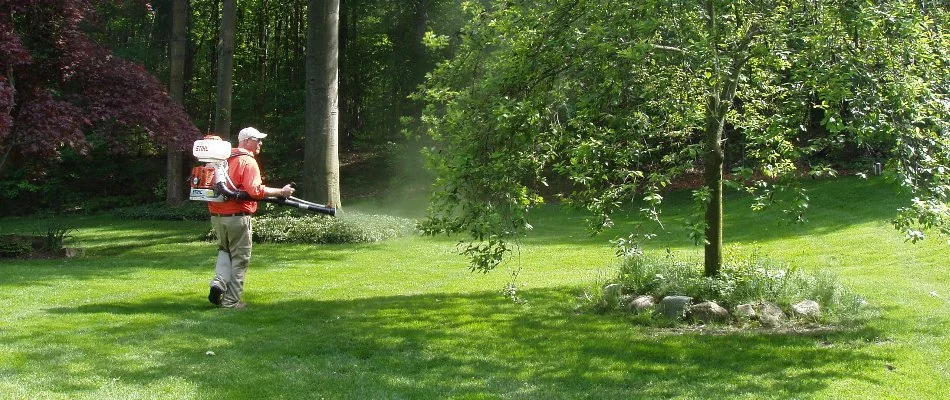 Person spraying mosquito treatment in Grand Rapids Charter Township, MI.
