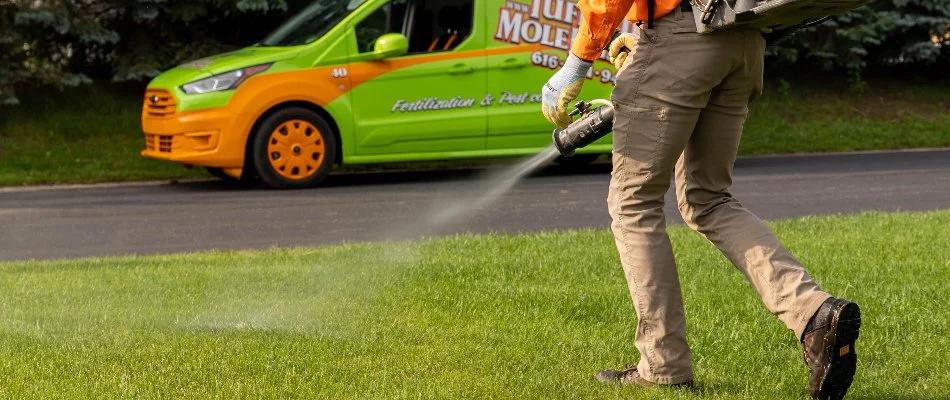 Pest control treatment on a lawn in Jamestown Charter Township, MI.