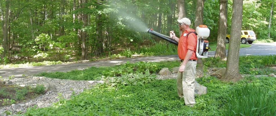 Worker spraying mosquito control in Zeeland Charter Township, MI.