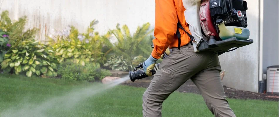 Worker using a fogger to treat a lawn in Jenison, MI.